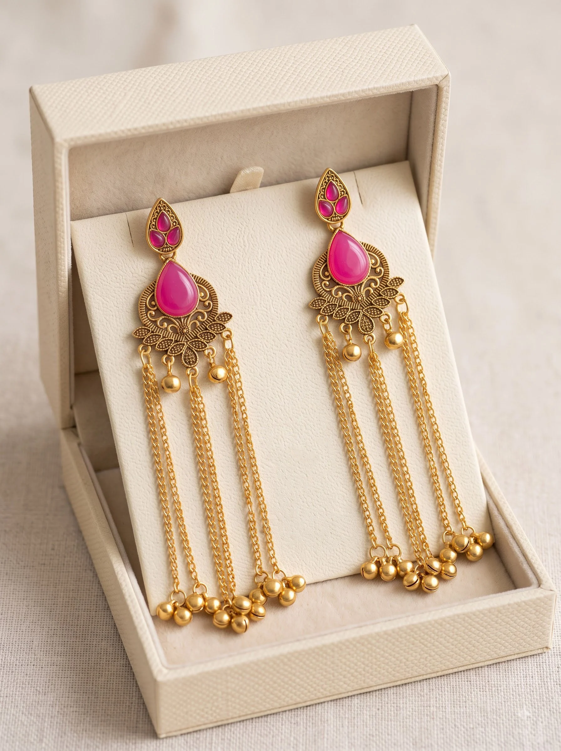 Ruby Pink Antique Gold Tassel Earrings