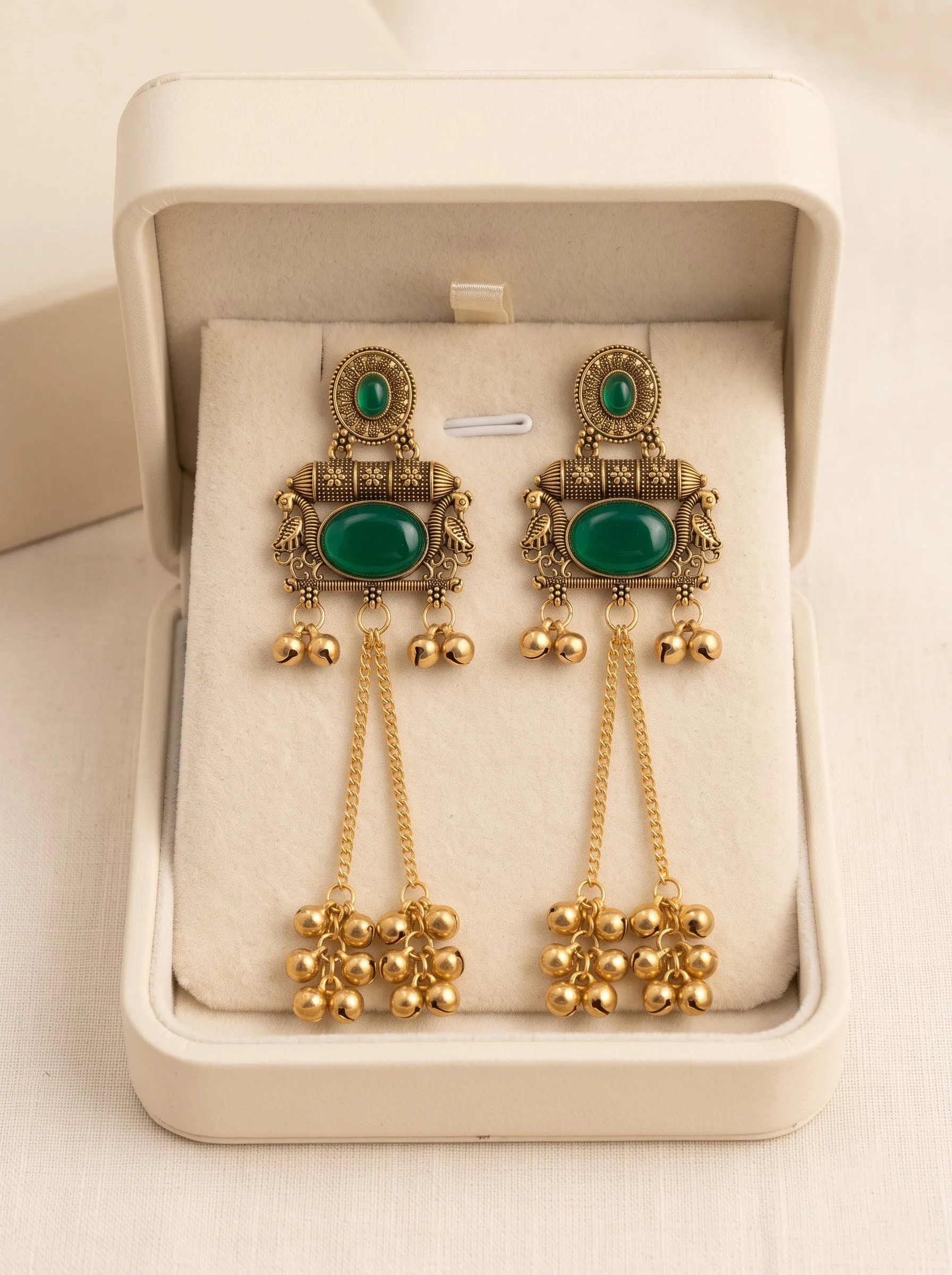 Emerald Green Stone Antique Gold Statement Earrings - Image 5