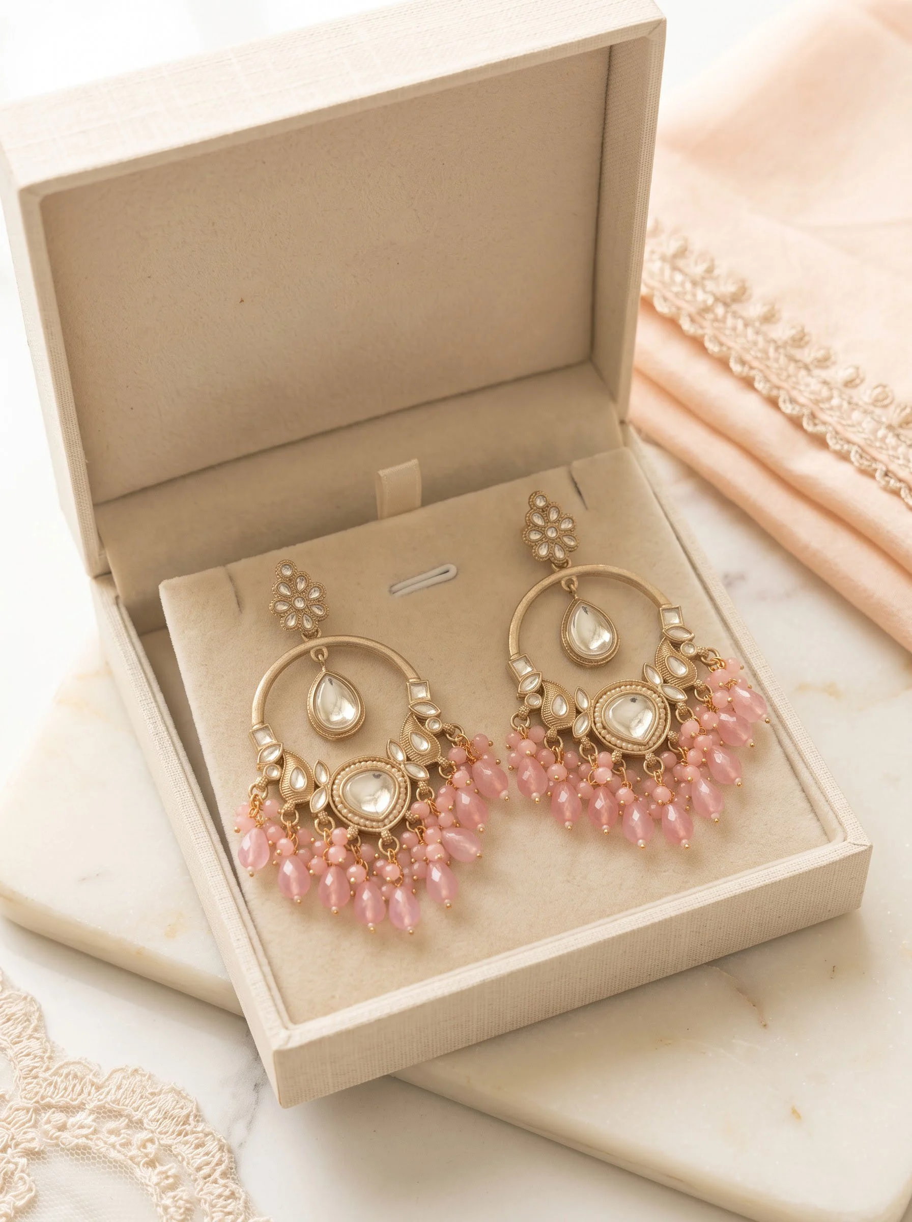 Pink Kundan Chandbali Earrings - Image 2