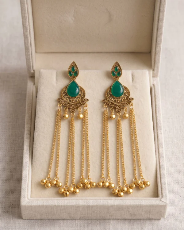 Emerald Green Antique Gold Tassel Earrings