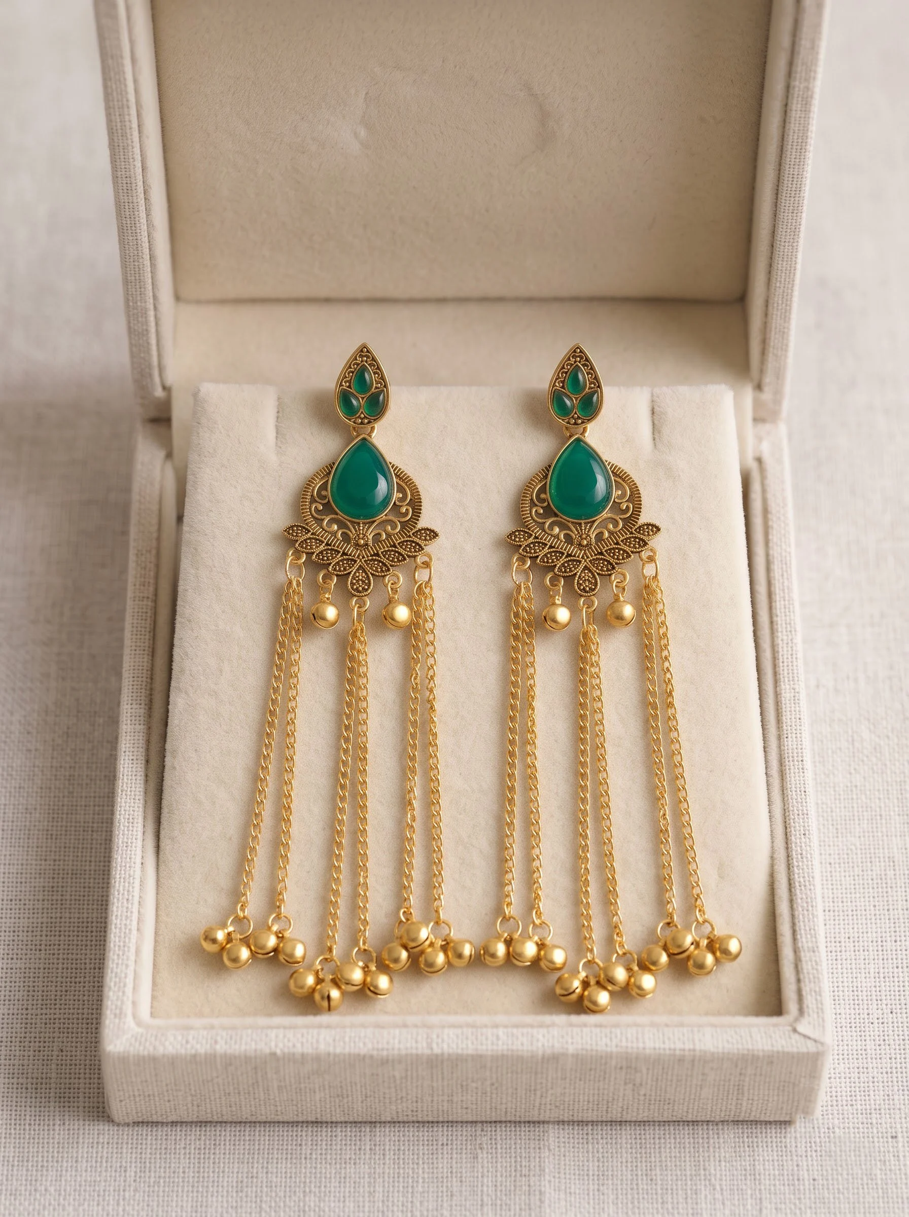 Emerald Green Antique Gold Tassel Earrings