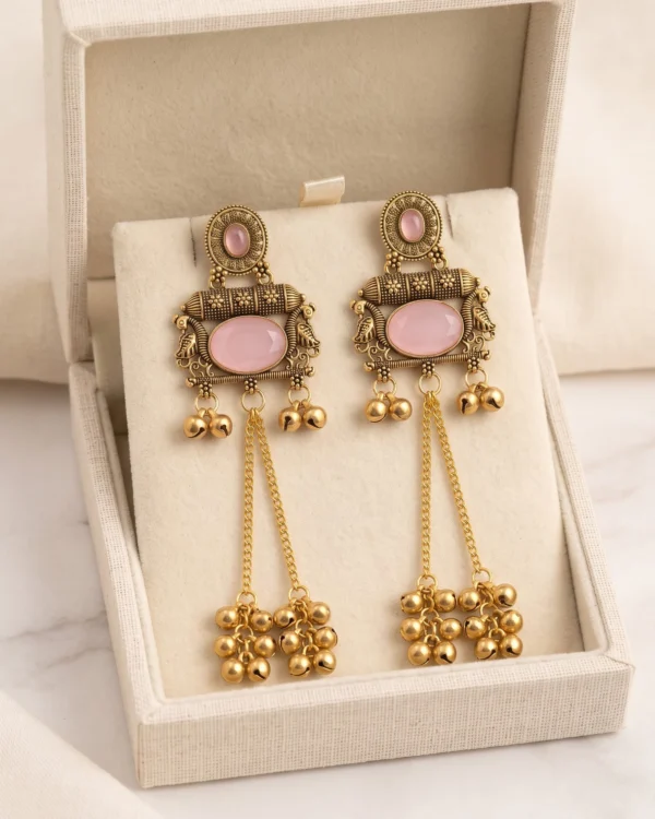 Baby Pink Stone Antique Gold Statement Earrings