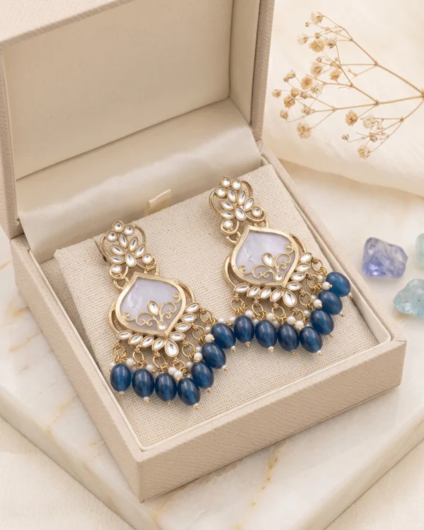 Blue Gold Kundan Dangler Earrings