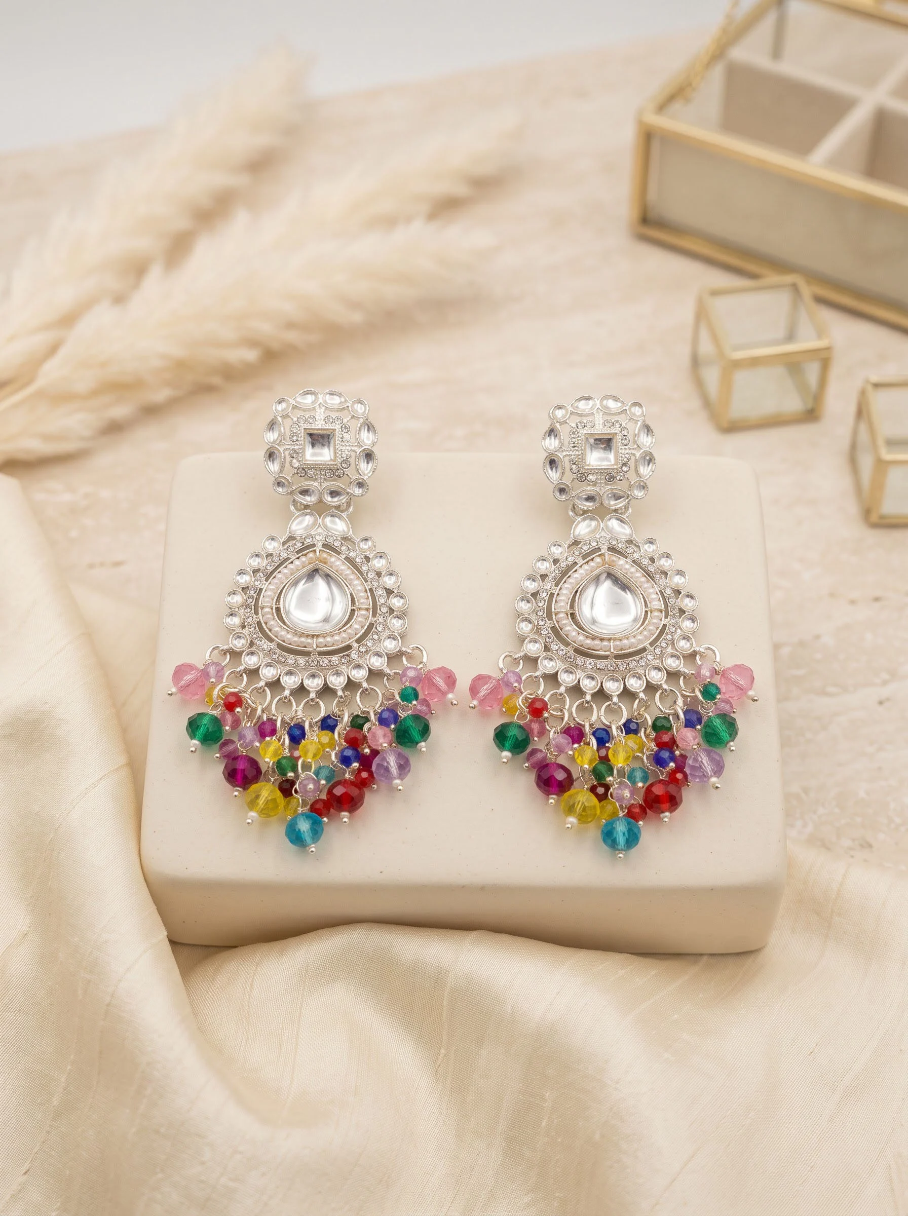 Multi Silver Kundan Dangler Earrings