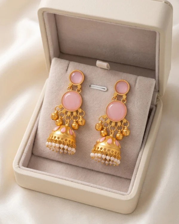 Baby Pink Golden Jhumka Earrings