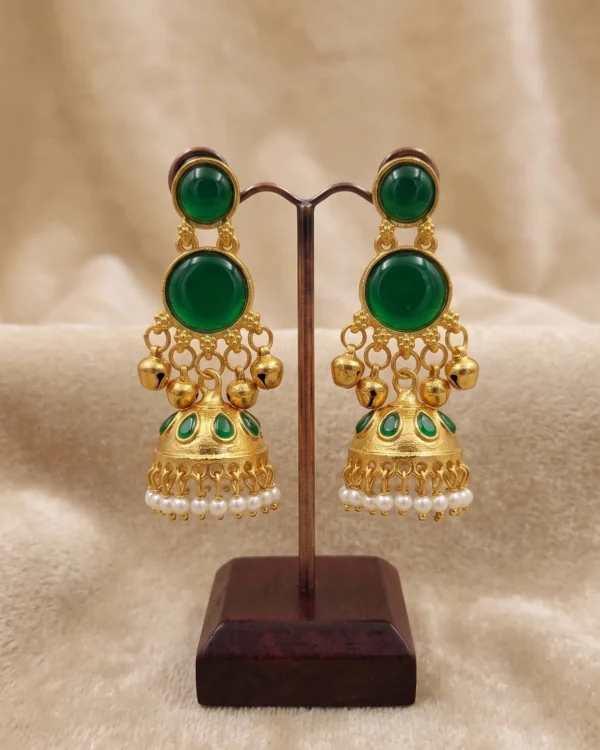 Dark Green Stone Gold Jhumka Earrings