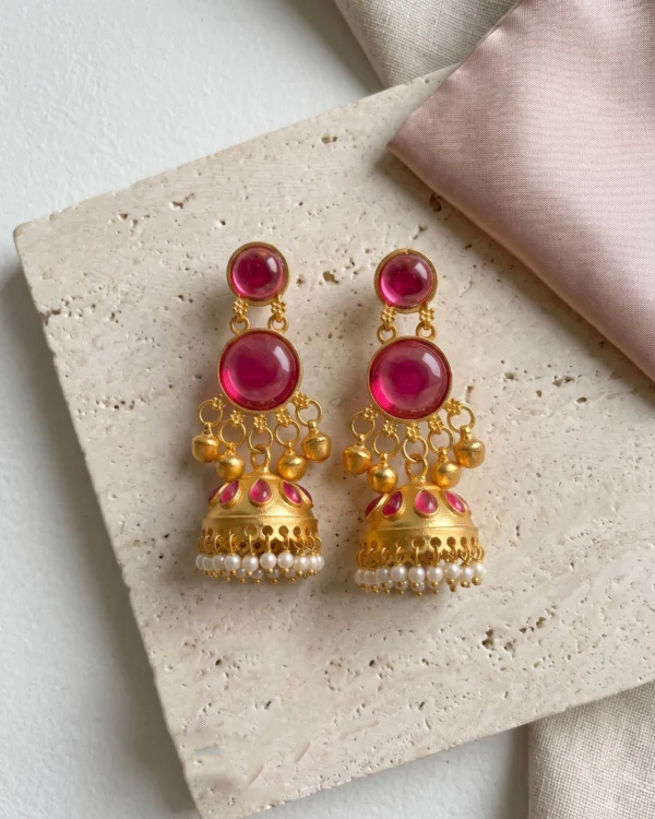 Pink Stone Gold Look Jhumka Earrings