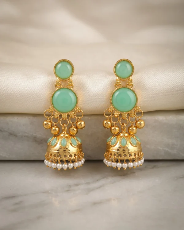 Sea Green Stone Gold Jhumka Earrings