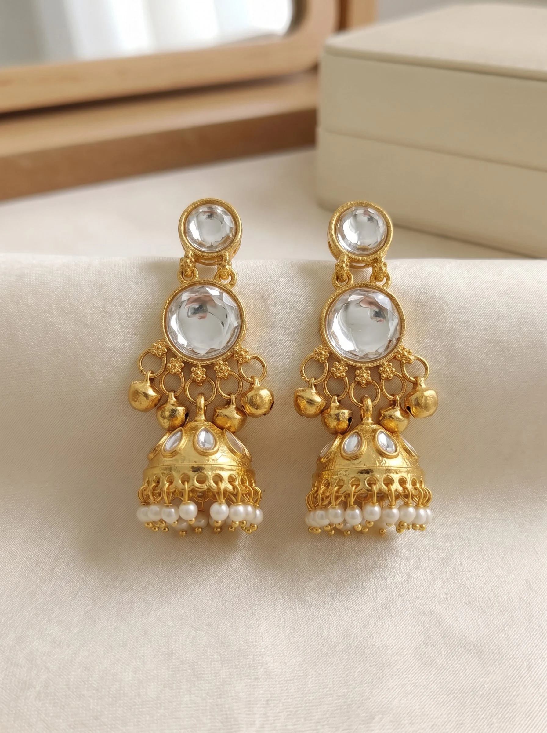 Round Stone Gold Look Jhumka Earrings - Image 2
