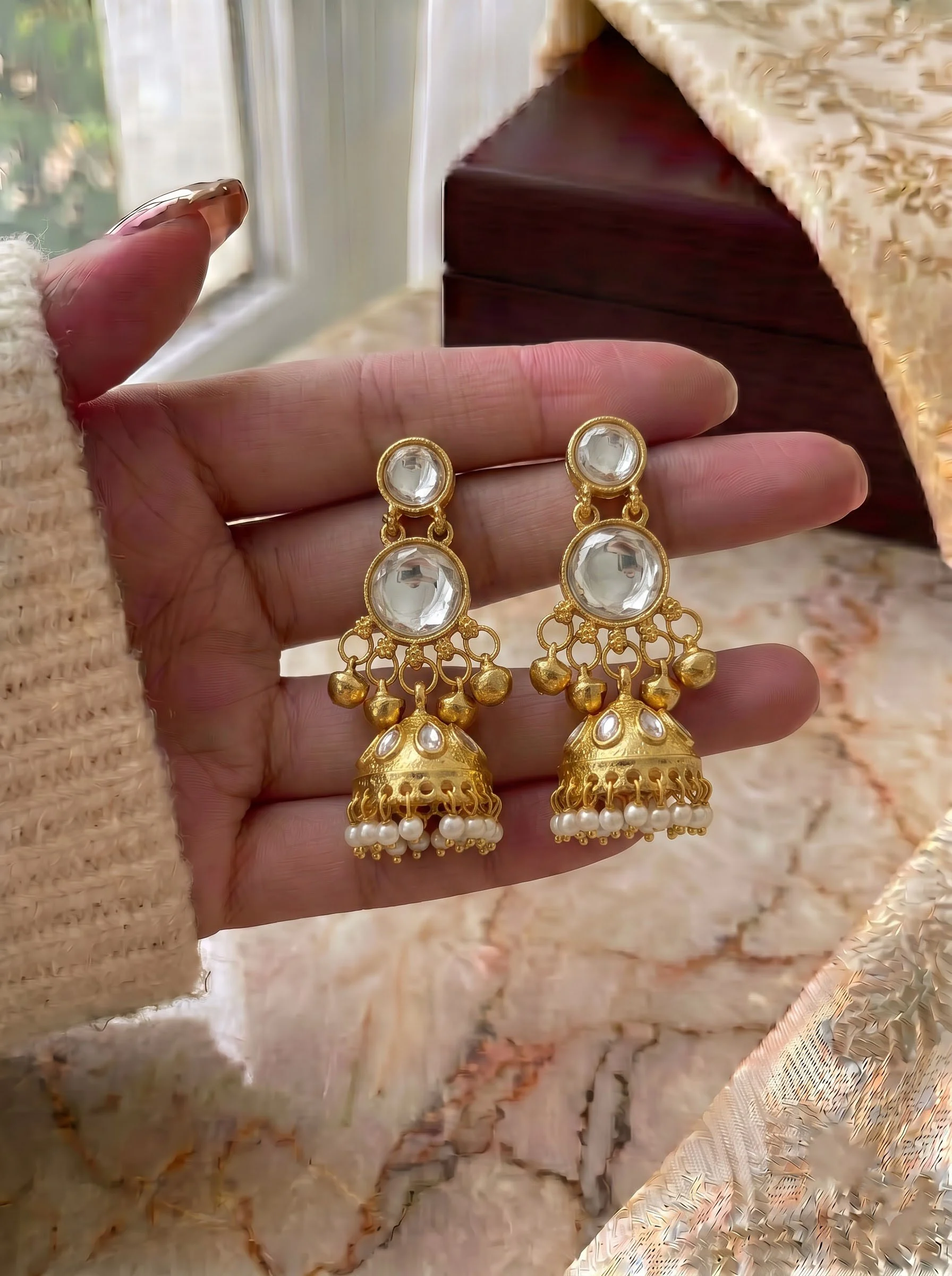 Round Stone Gold Look Jhumka Earrings - Image 5