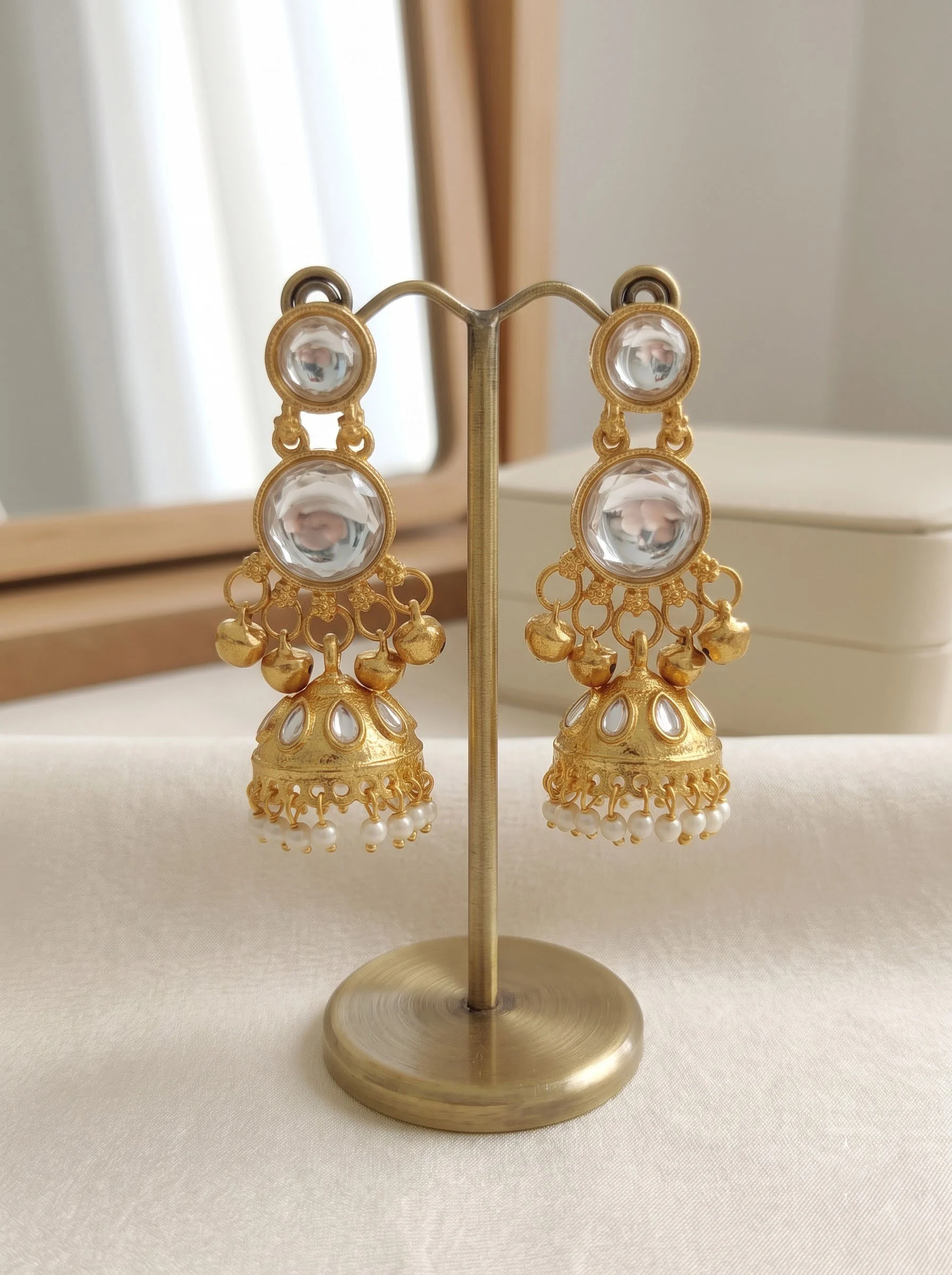 Round Stone Gold Look Jhumka Earrings - Image 3