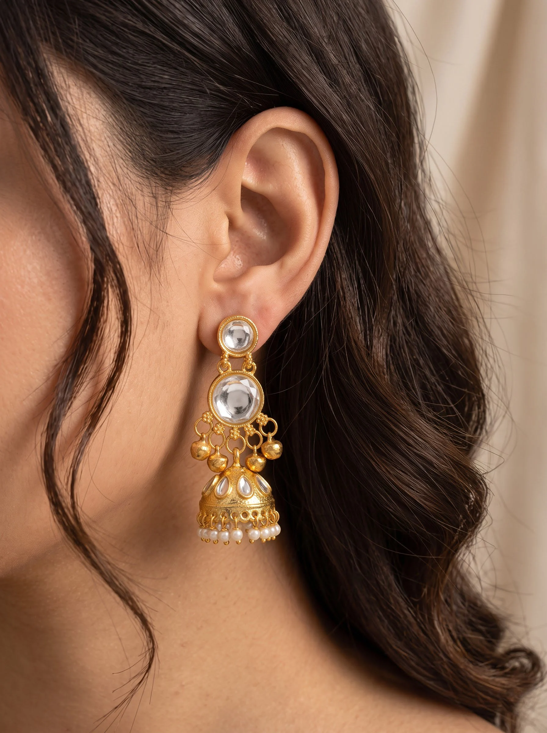 Round Stone Gold Look Jhumka Earrings - Image 4