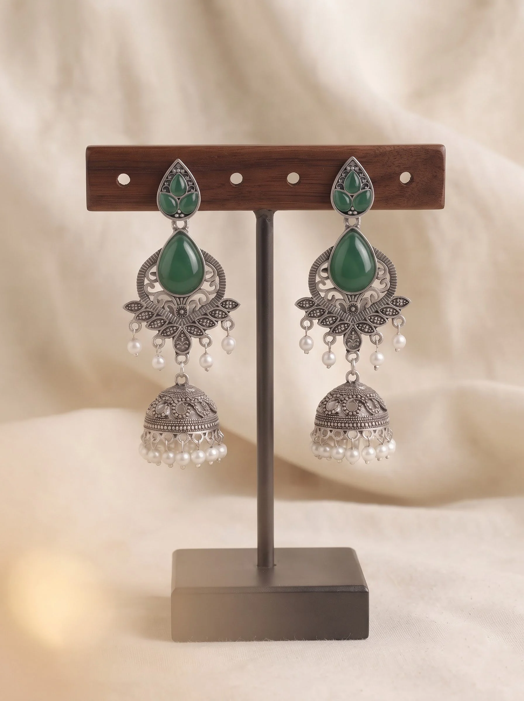 Emerald Pearl Jhumka Earrings - Image 2