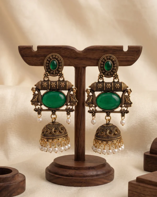 Green Stone Antique Jhumka Earrings