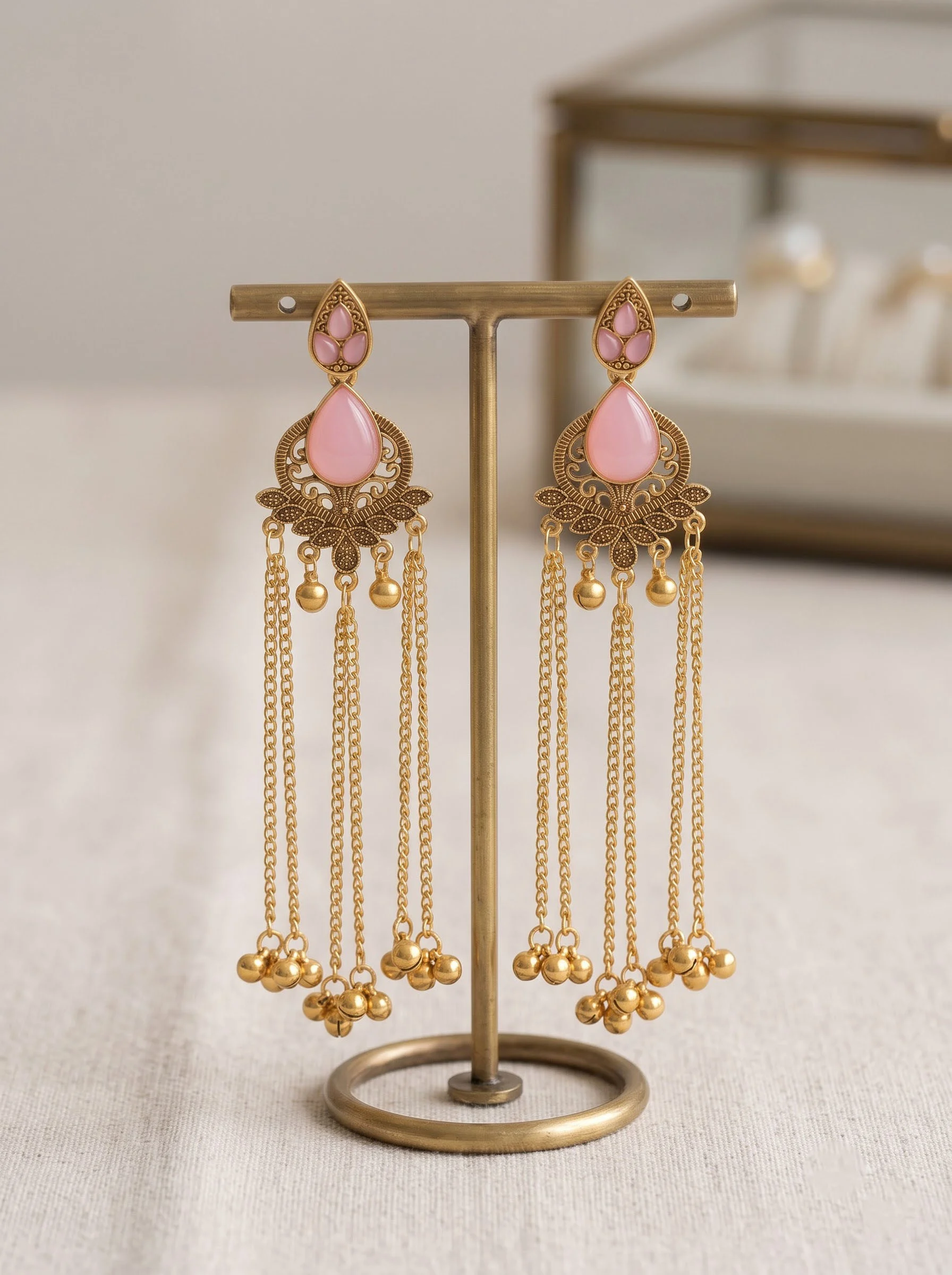 Pink Stone Antique Gold Tassel Earrings - Image 5
