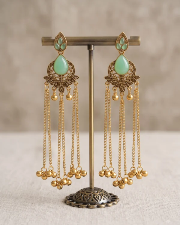 Mint Green Antique Gold Tassel Earrings