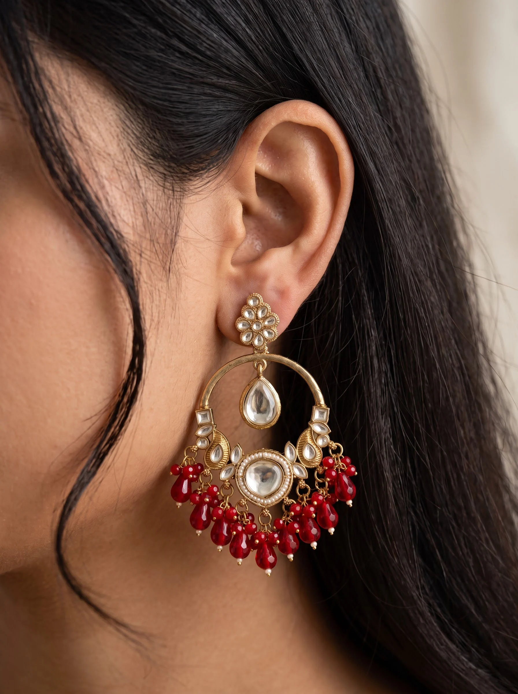 Red Kundan Chandbali Earrings - Image 4