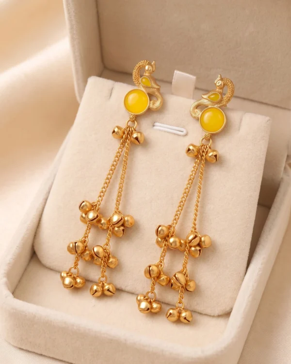 Yellow Peacock Gold Tassel Earrings