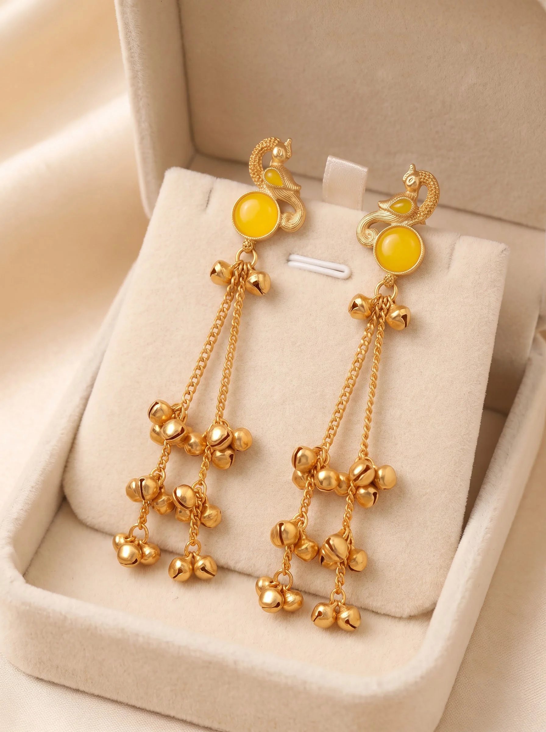 Yellow Peacock Gold Tassel Earrings
