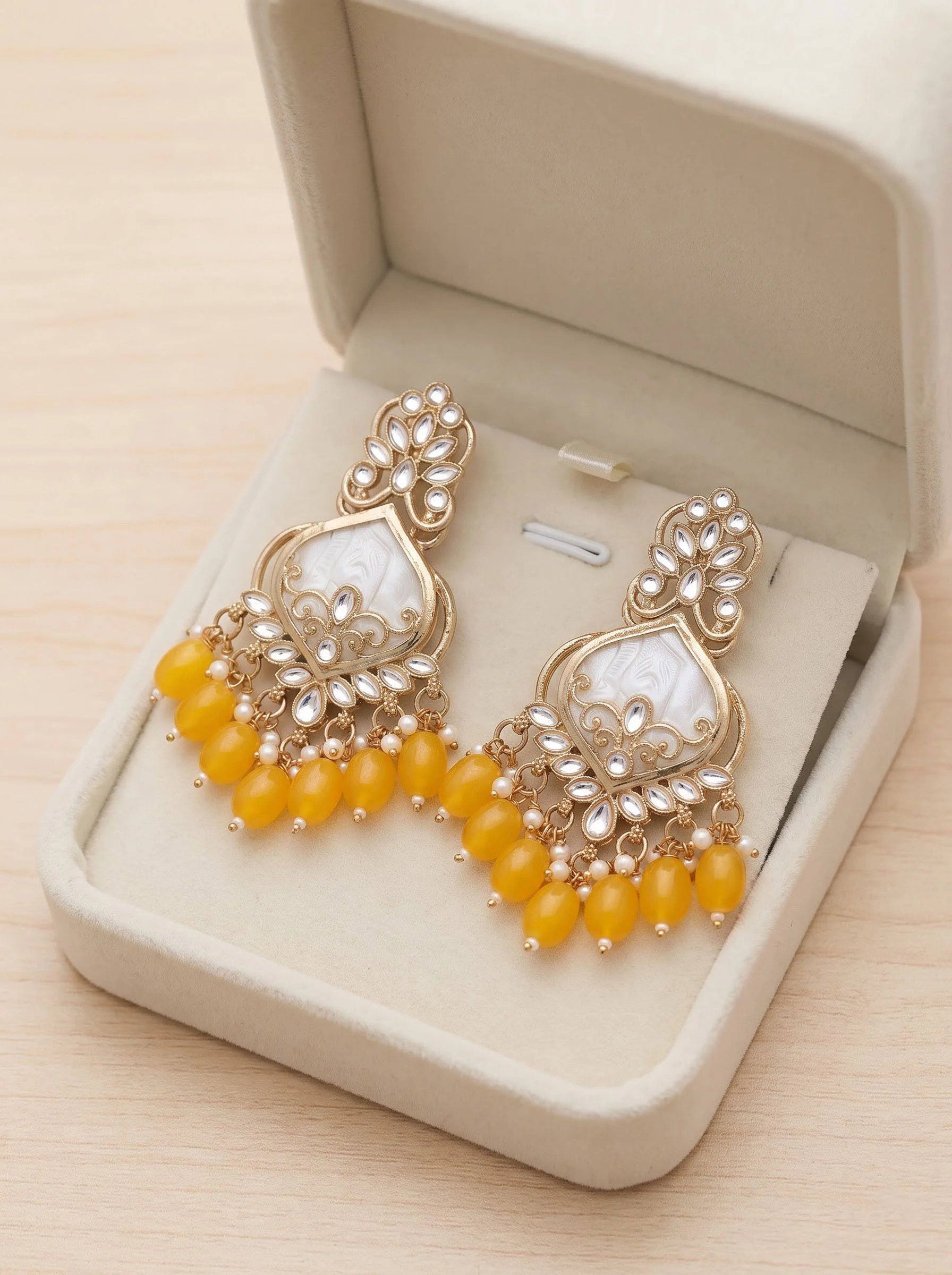 Yellow Kundan Dangler Earrings - Image 4