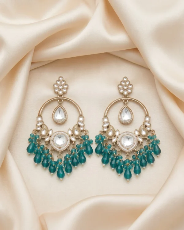 Teal Green Gold Kundan Dangler Earrings