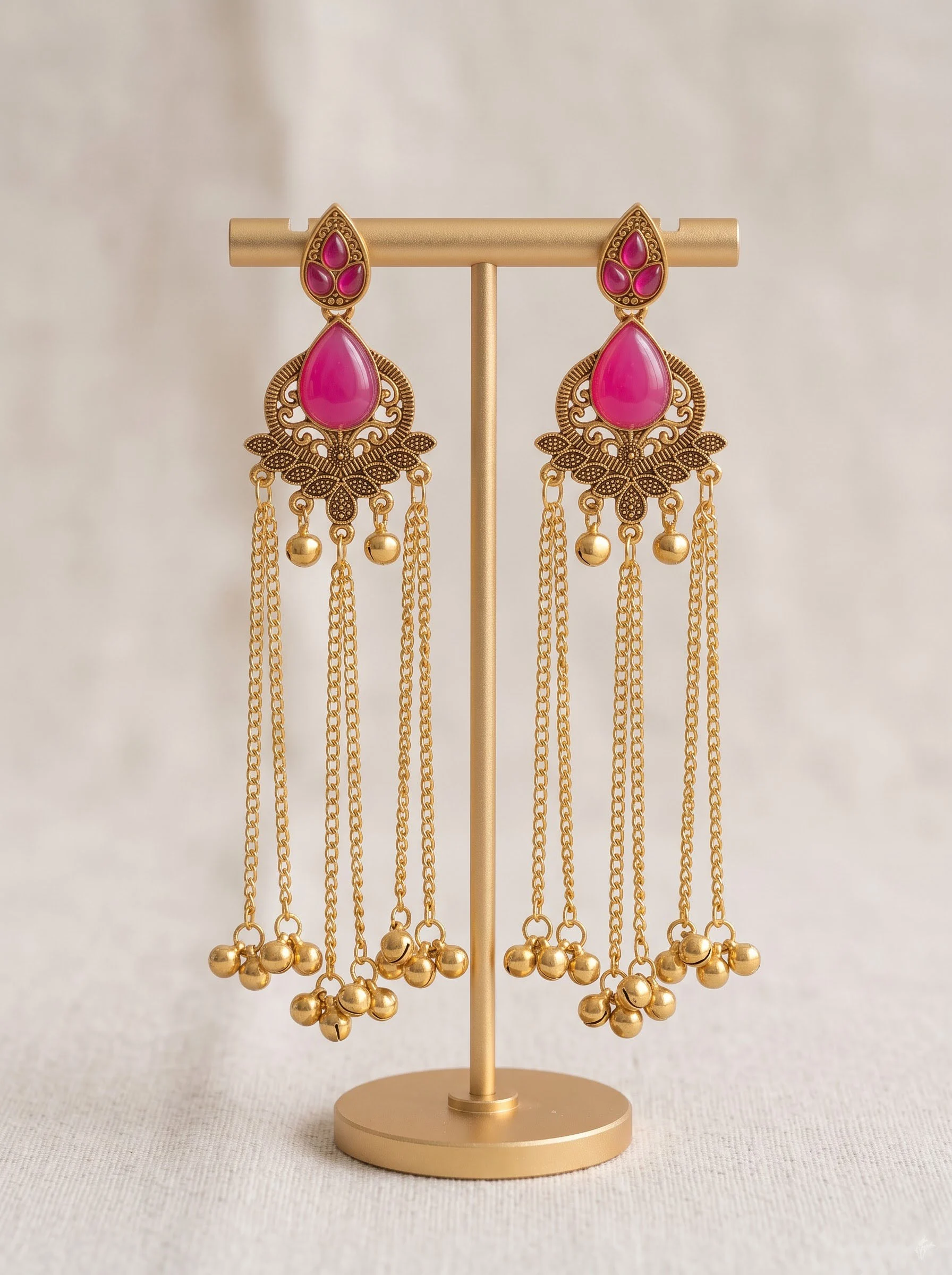 Ruby Pink Antique Gold Tassel Earrings - Image 3