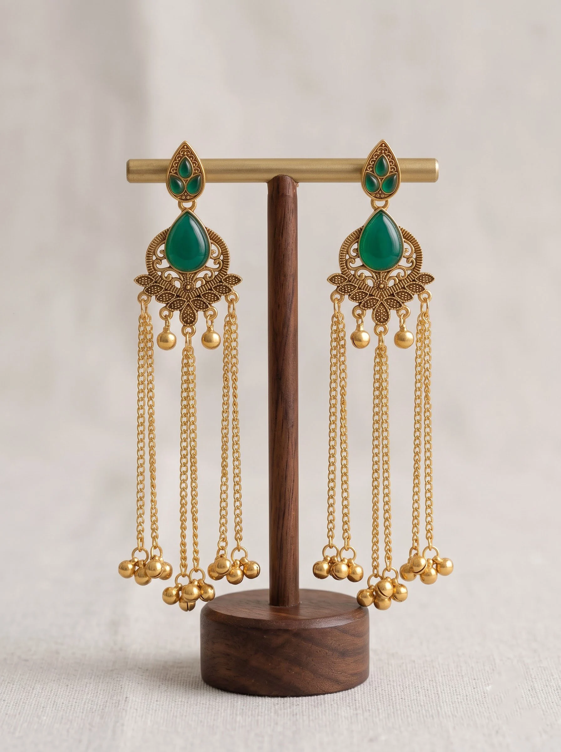 Emerald Green Antique Gold Tassel Earrings - Image 5