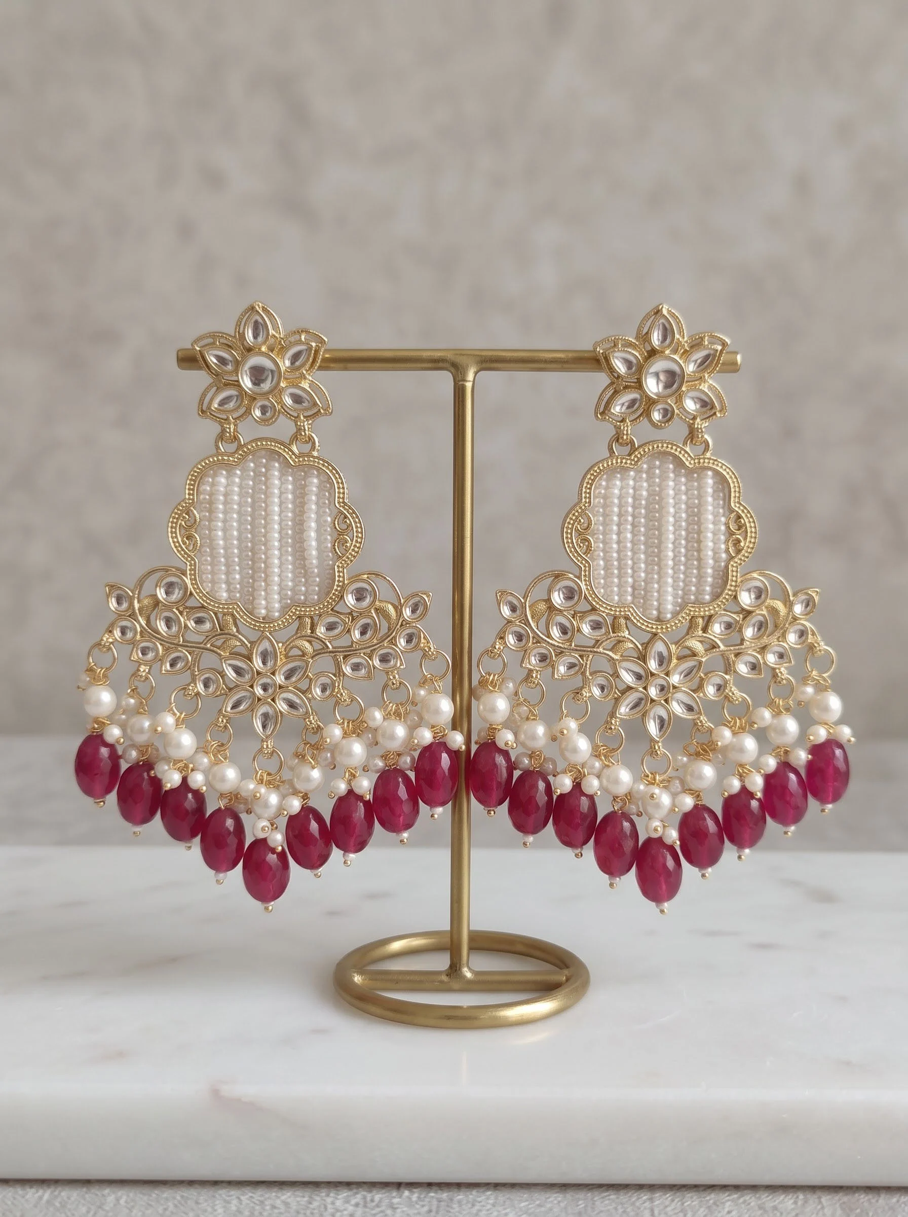 Dark Pink Kundan Dangler Earrings - Image 3