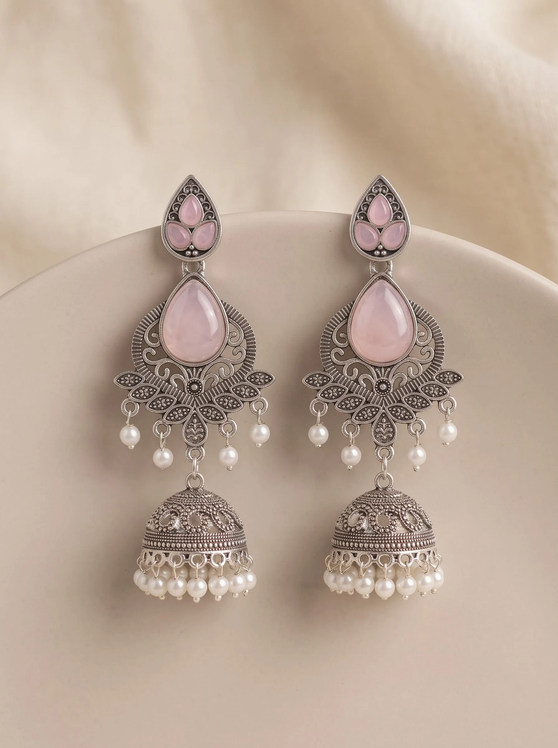 Oxidised Pink Tear Drop Jhumka