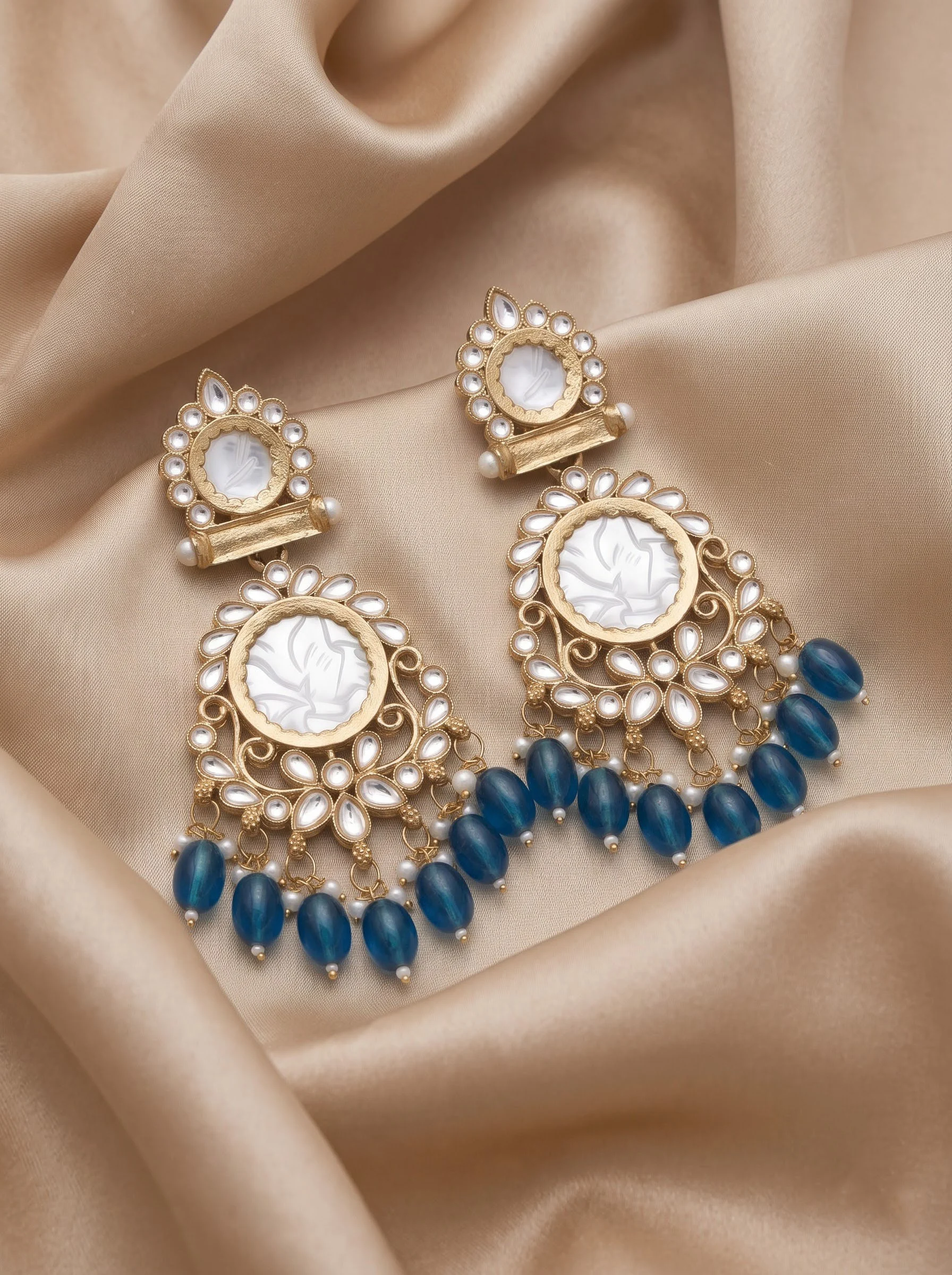 Gold Kundan Blue Bead Earrings - Image 4