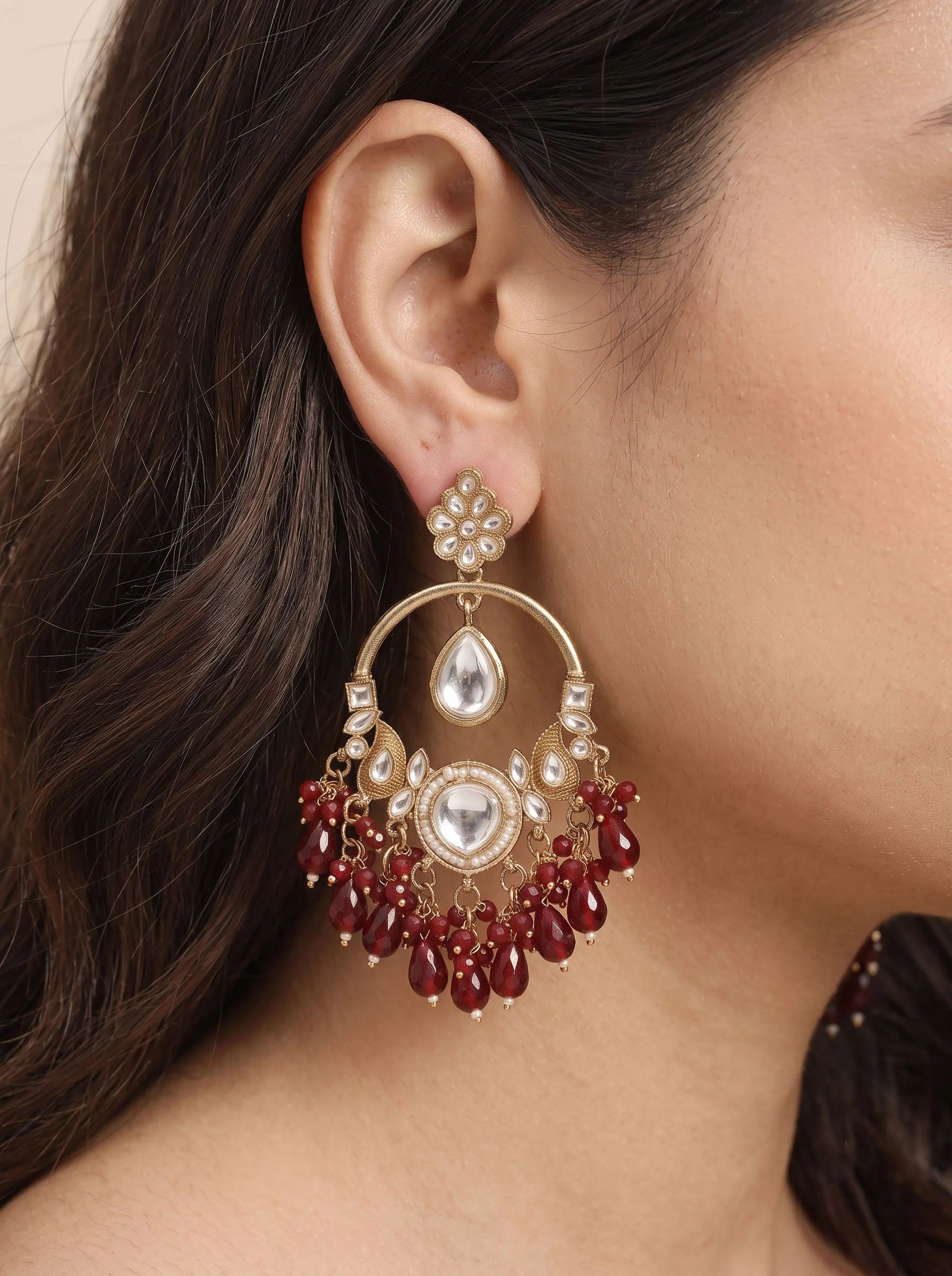 Maroon Kundan Chandbali Earrings - Image 4