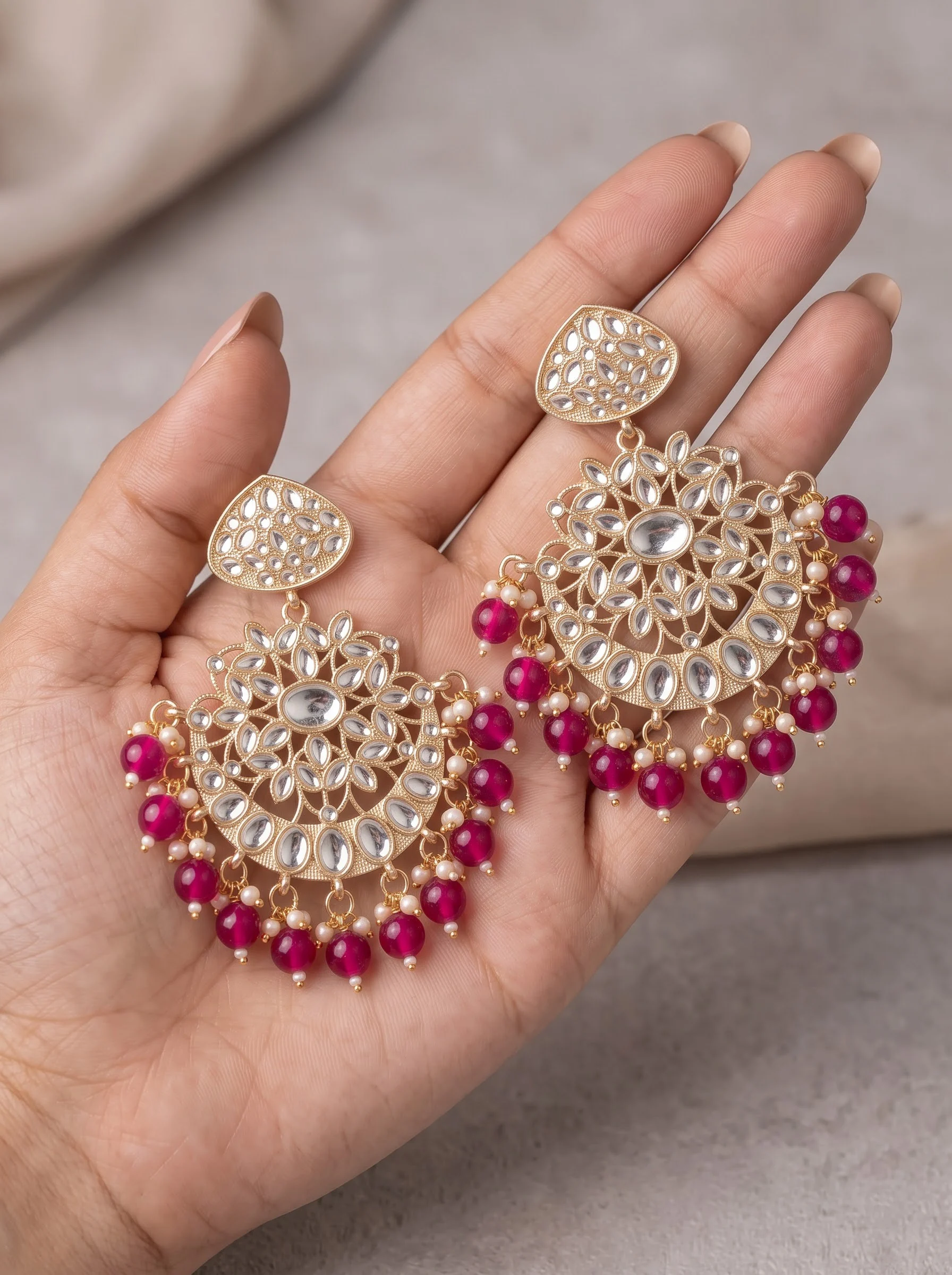 Pink Bead Gold Plated Earrings - Image 6
