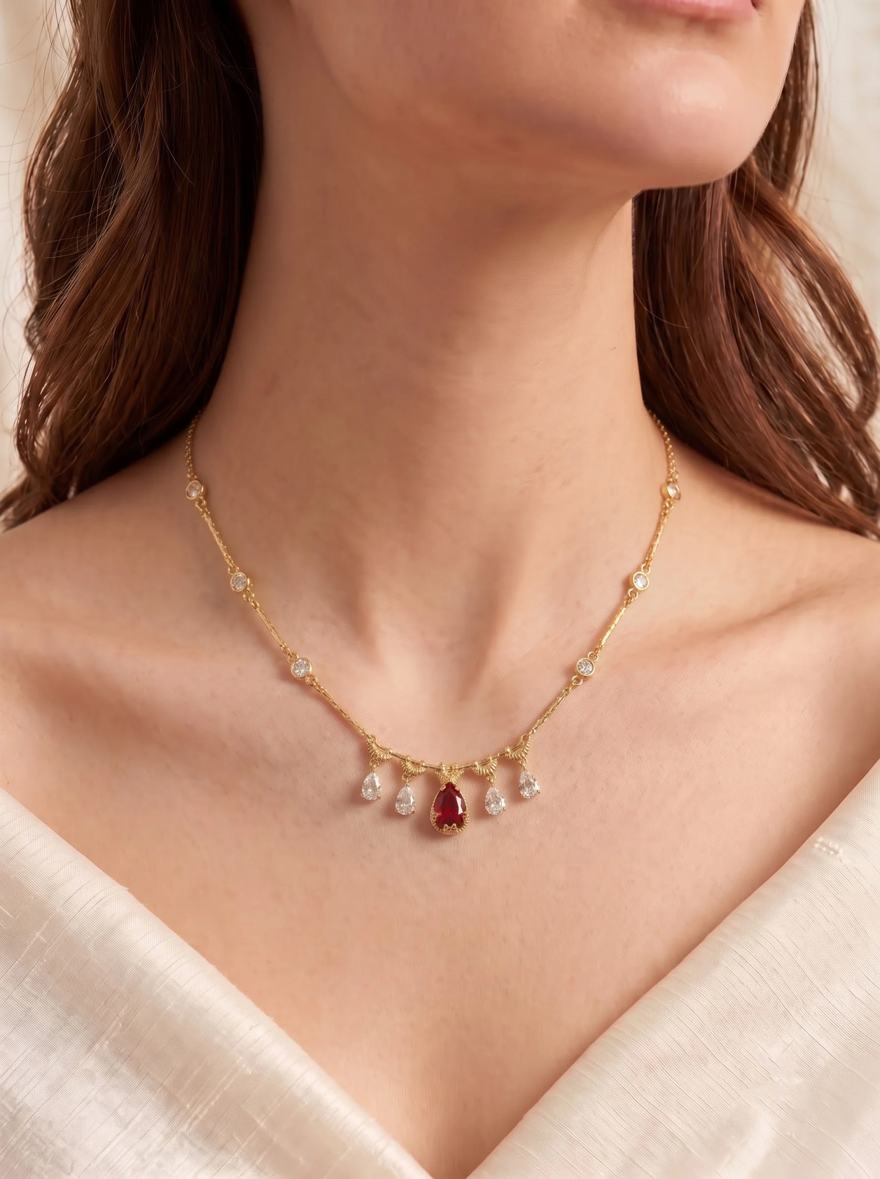 Ruby Teardrop Gold Station Necklace - Image 3