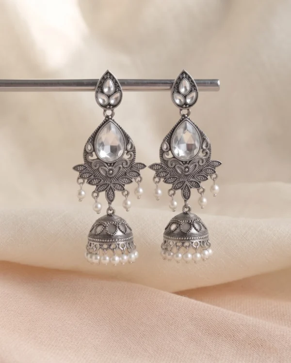 White Stone Silver Jhumka Earrings