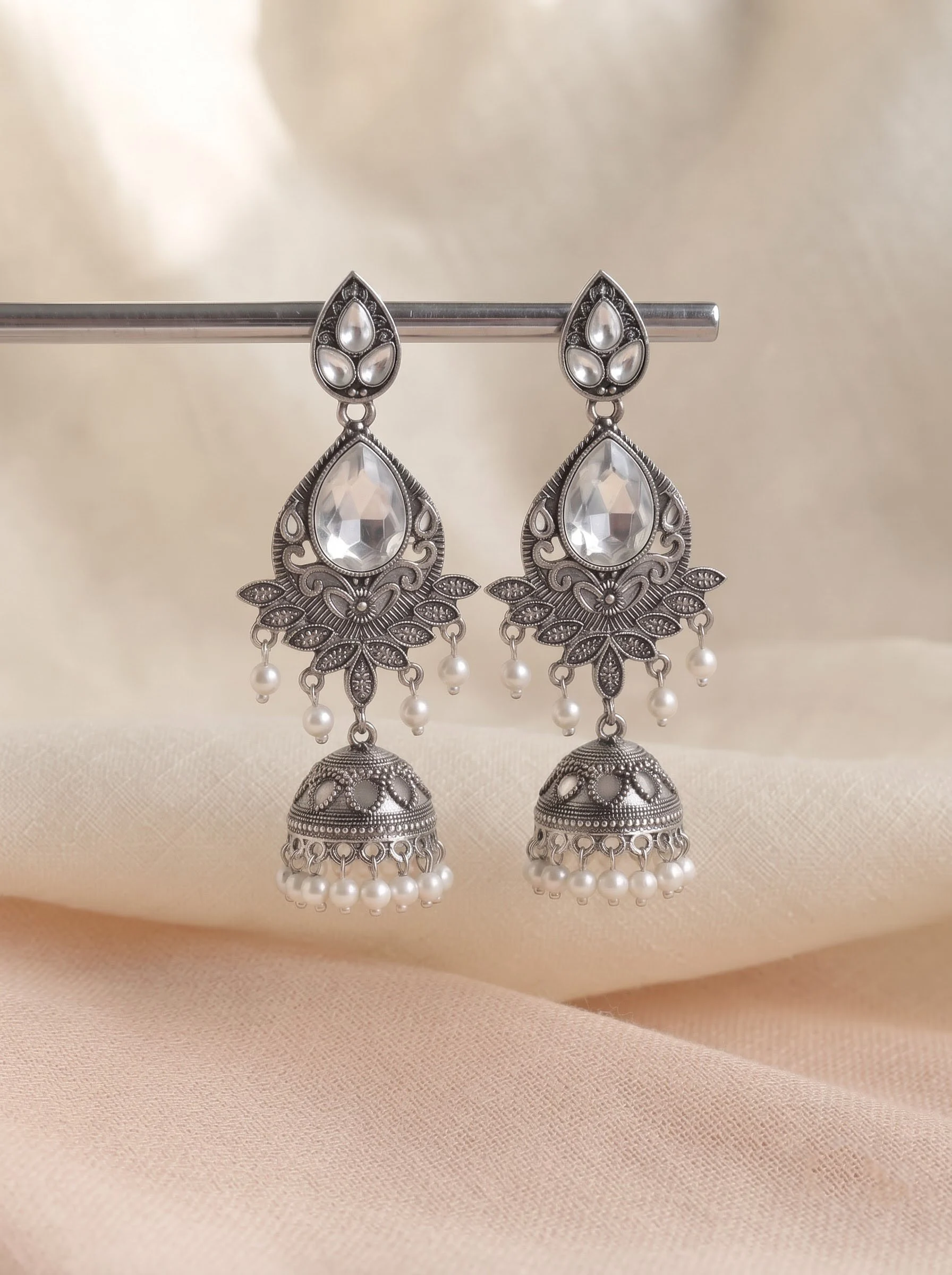 White Stone Silver Jhumka Earrings
