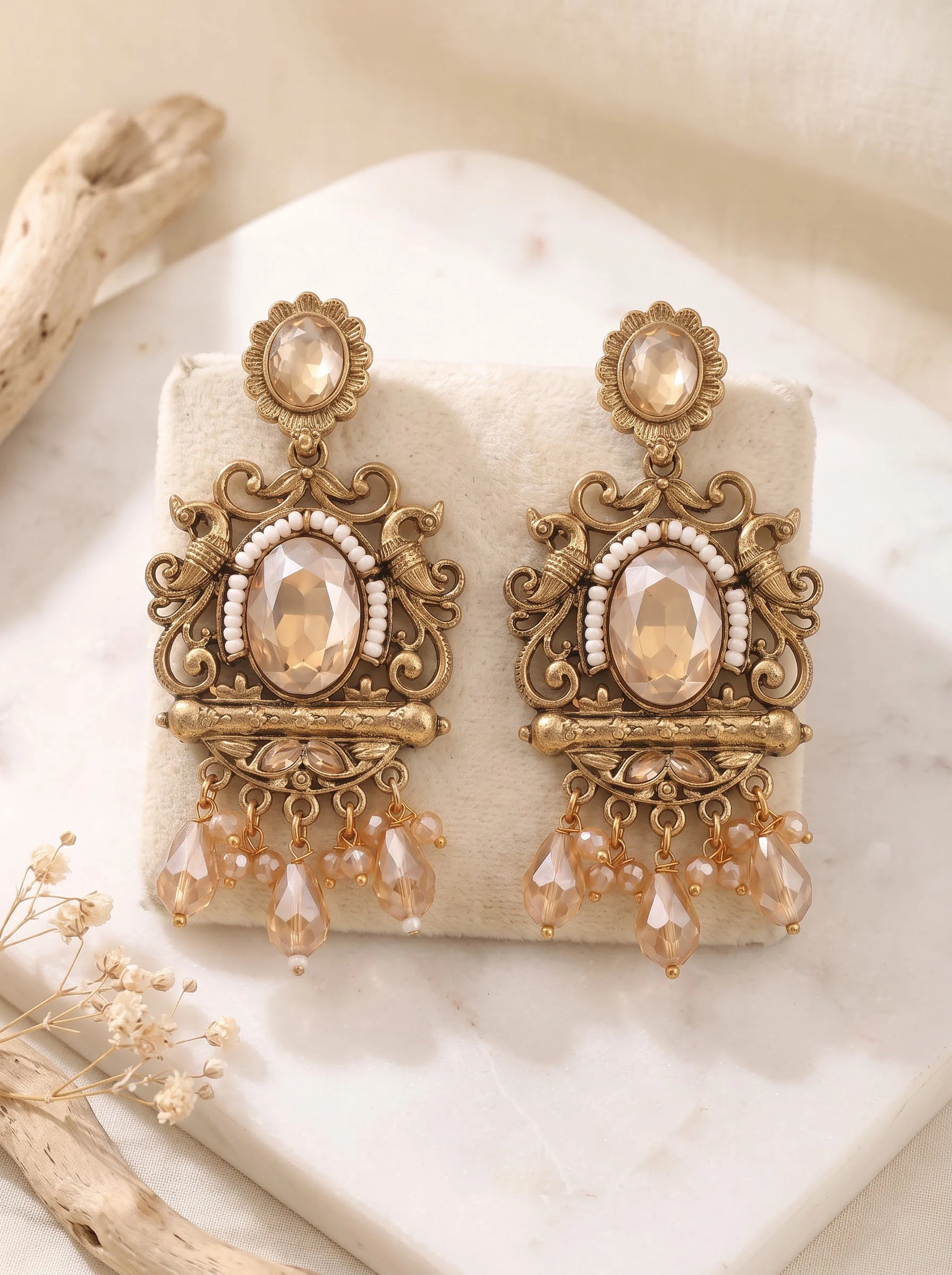 Peach Stone Antique Gold Earrings - Image 5