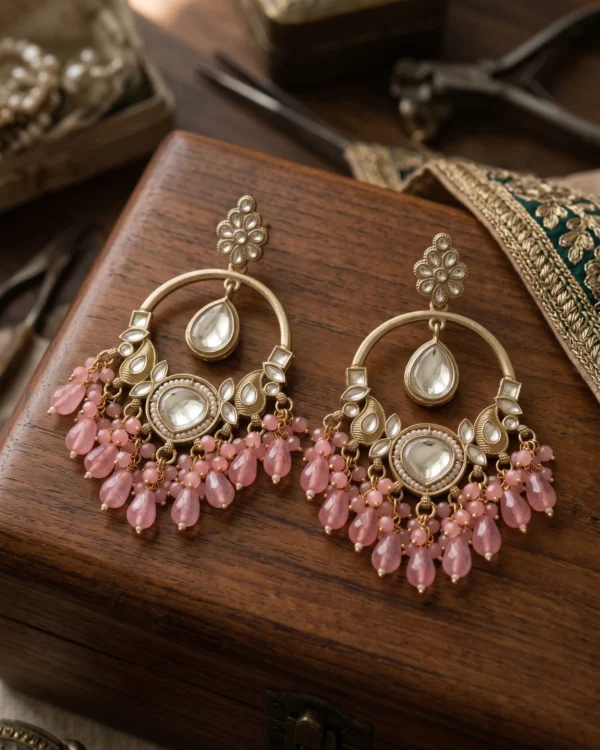 Pink Kundan Chandbali Earrings