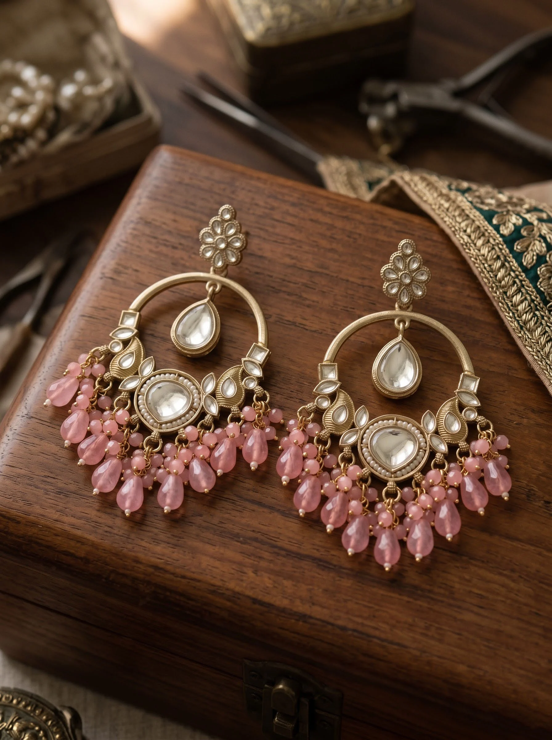 Pink Kundan Chandbali Earrings