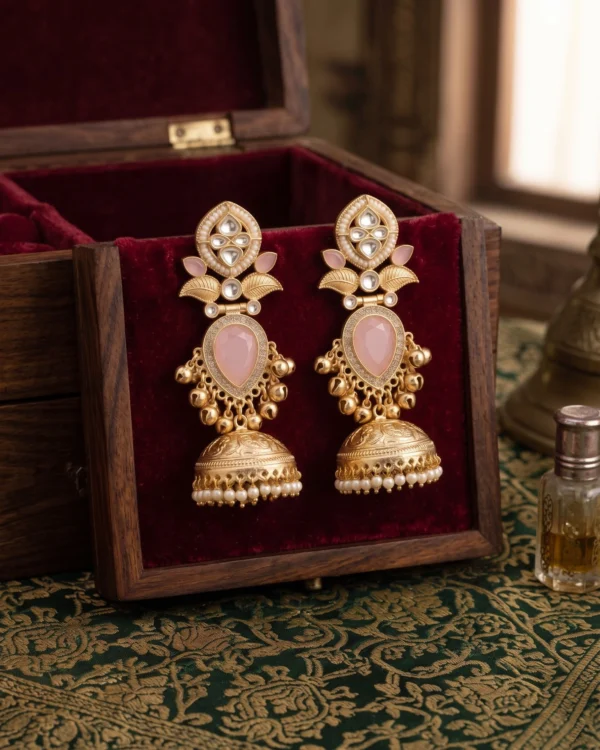Royal Pink Kundan Jhumka Earrings