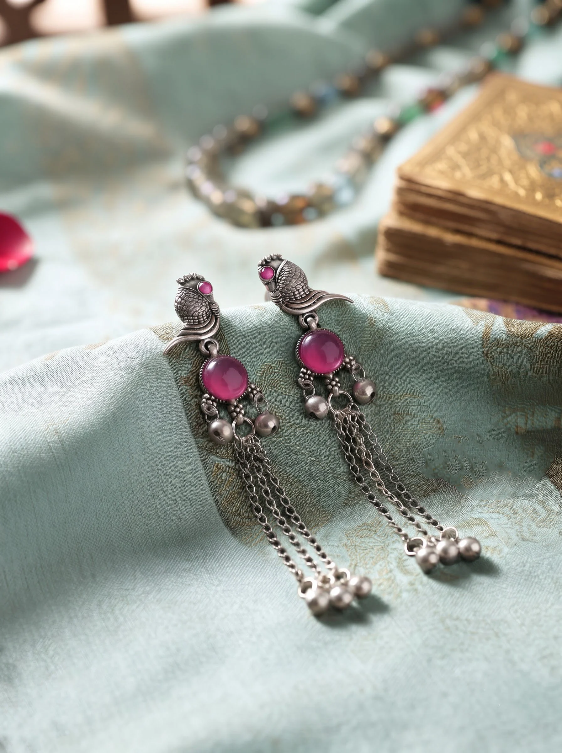 Pink Stone Oxidized Silver Bird Tassel Earrings - Image 4