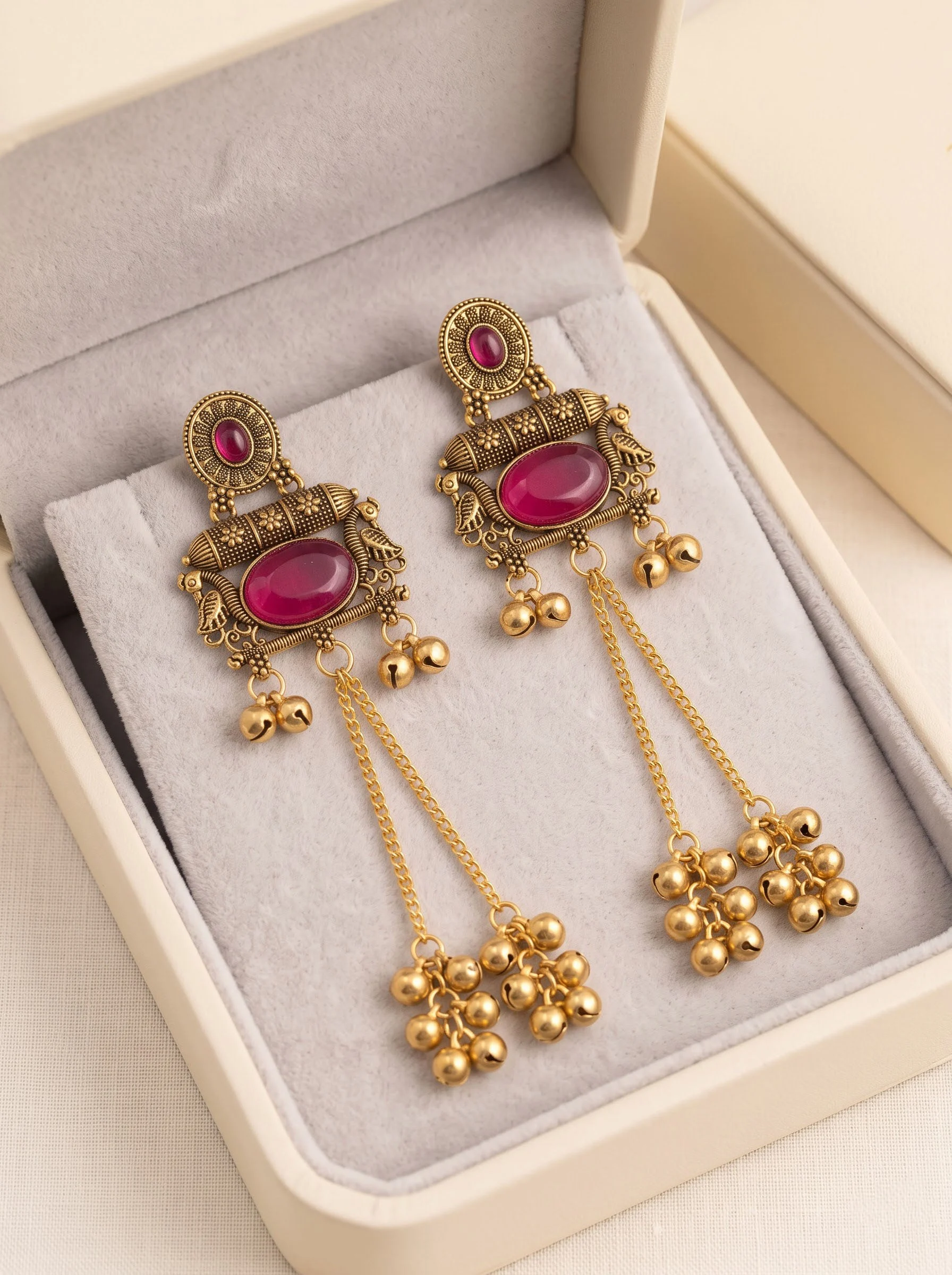 Ruby Red Stone Antique Gold Statement Earrings - Image 5