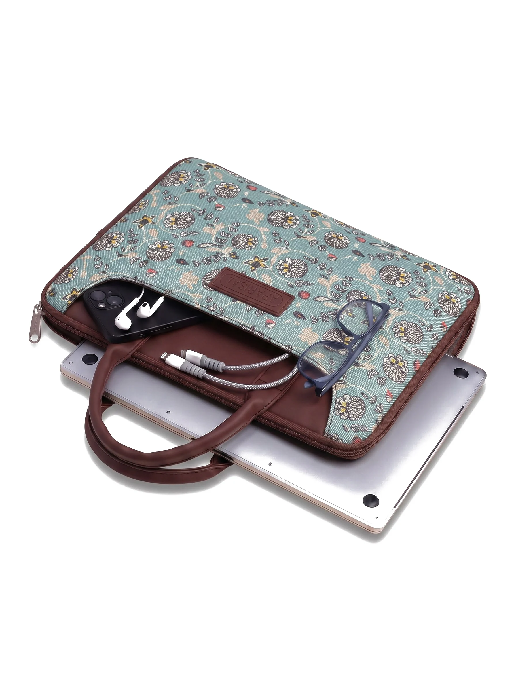 Mint Floral Print Laptop Bag - Image 4