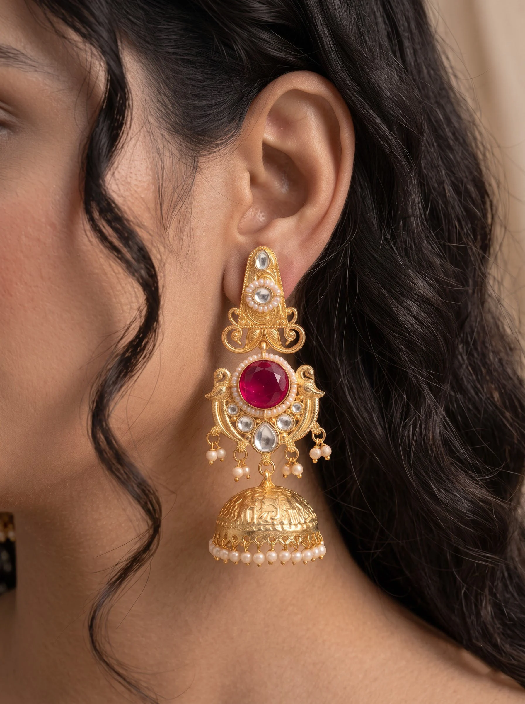 Red Stone Gold Jhumka Earrings - Image 3