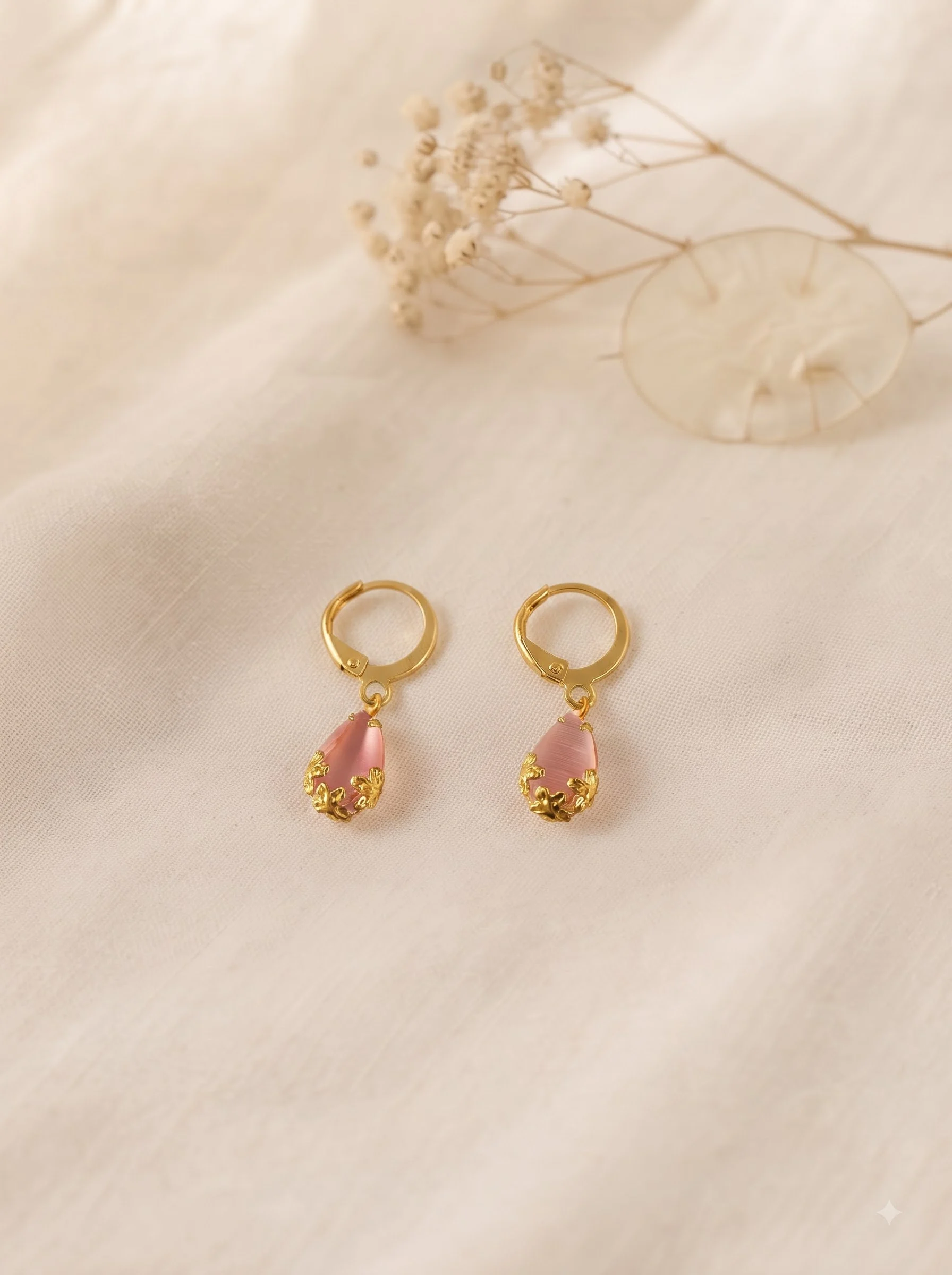 Gold Pink Teardrop Drop Earrings - Image 6