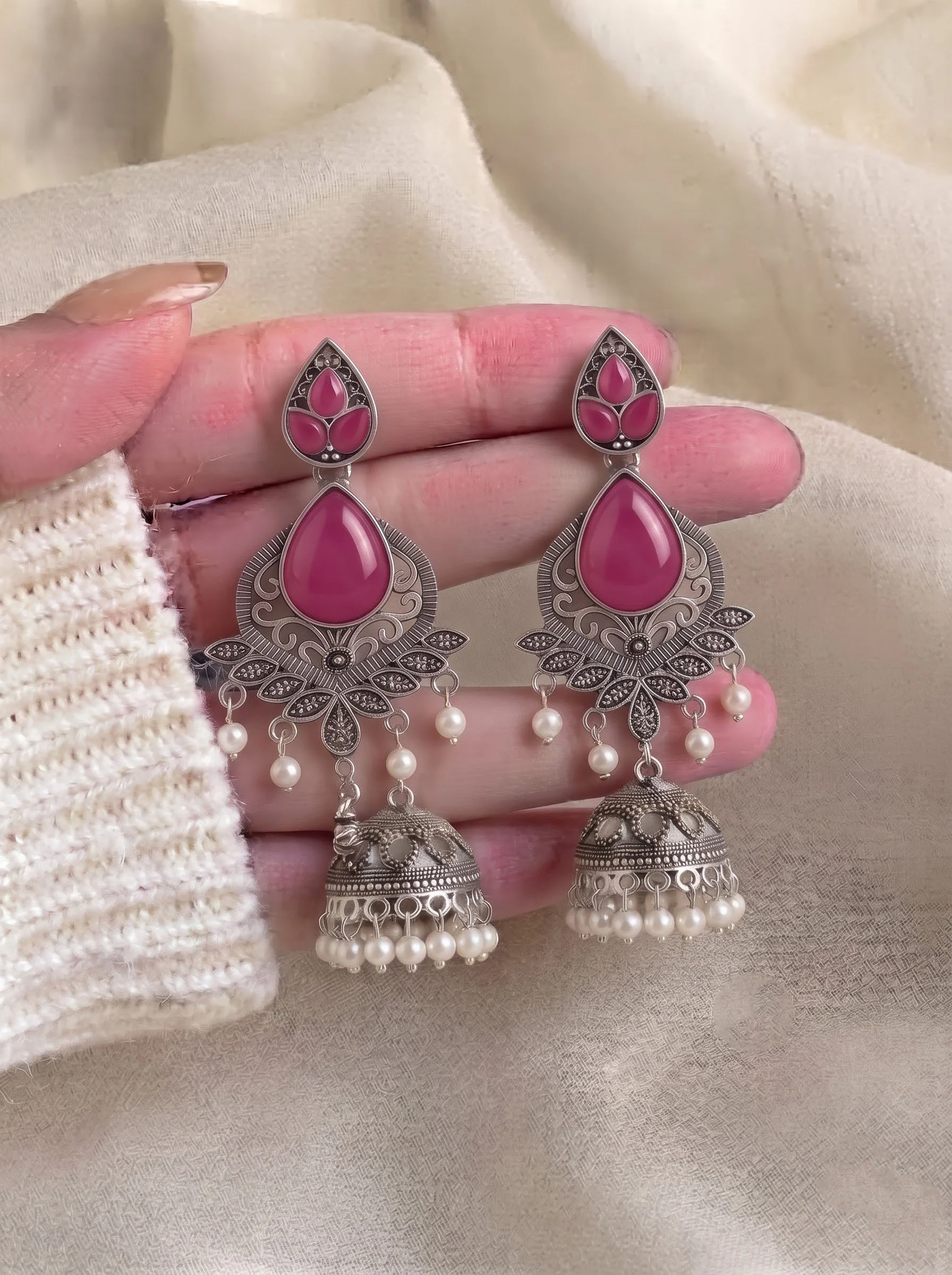 Pink Pearl Floral Jhumka Earrings - Image 4