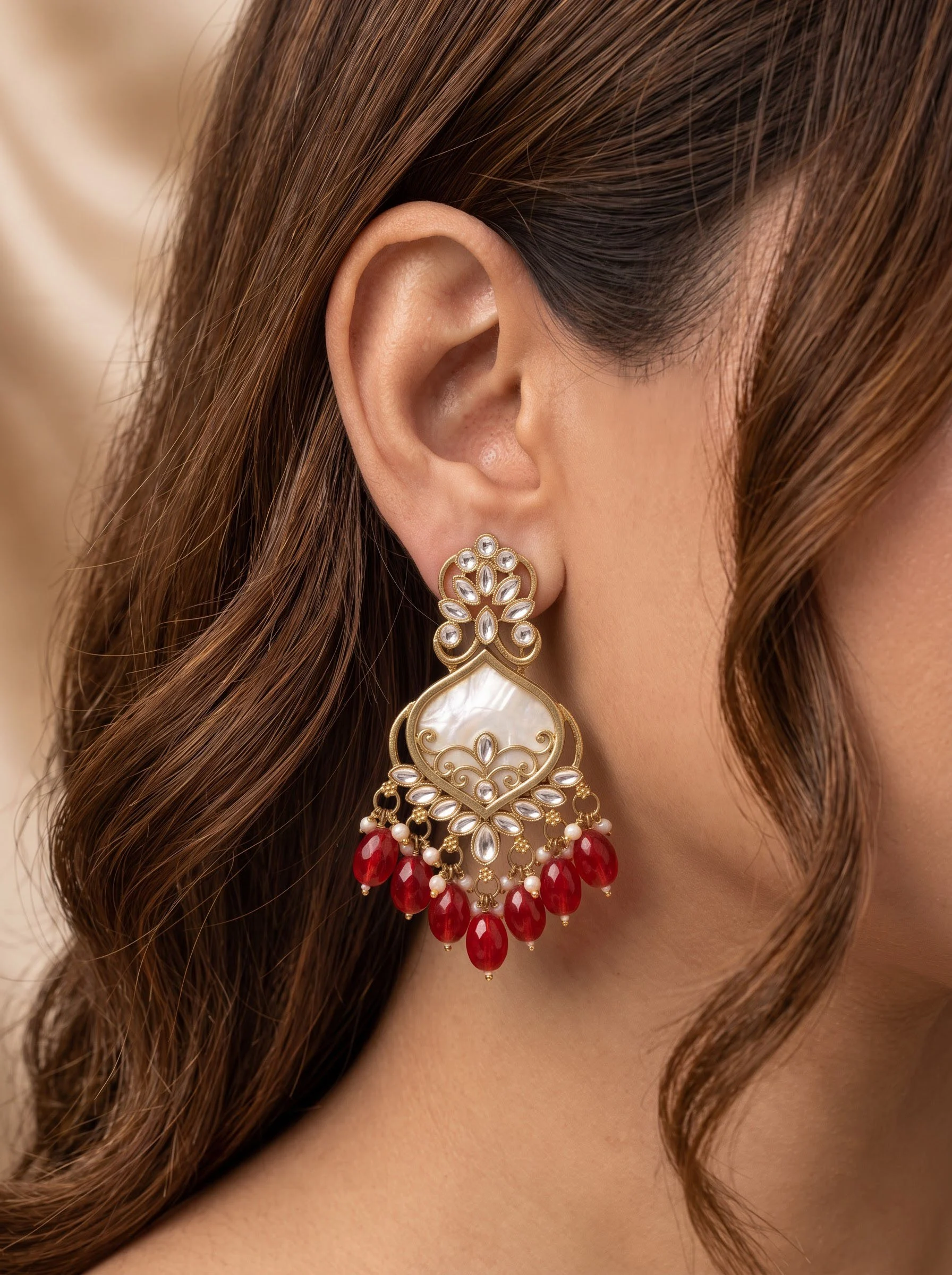 Red Kundan Dangler Earrings - Image 4