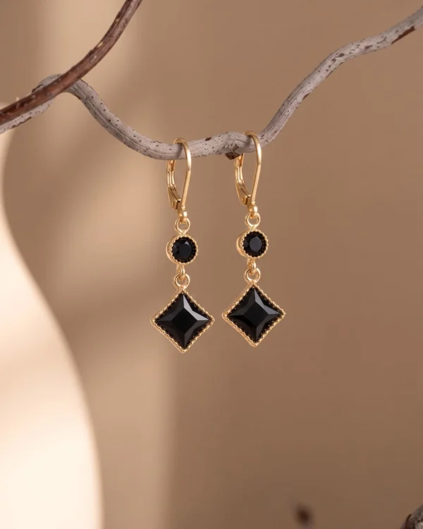 Black Square Stone Hanging Earrings