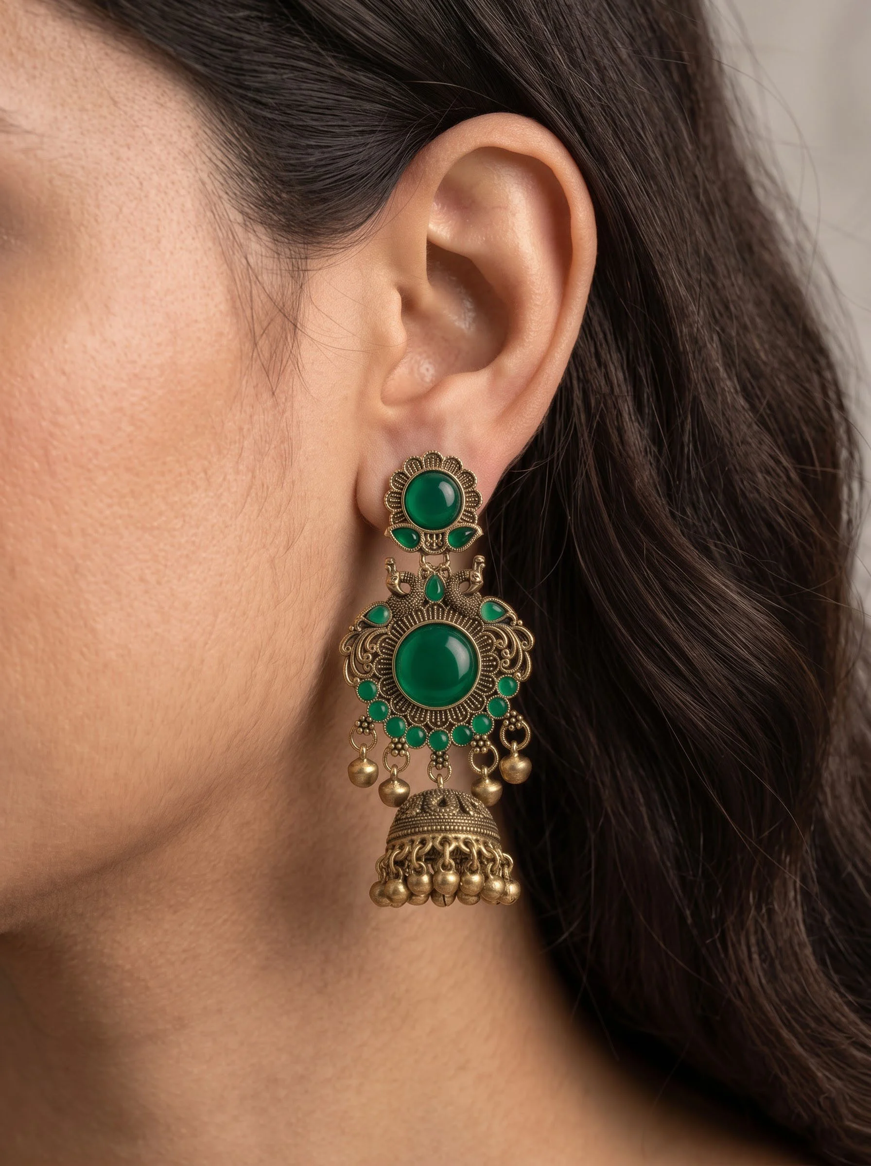 Antique Green Stone Jhumka - Image 3