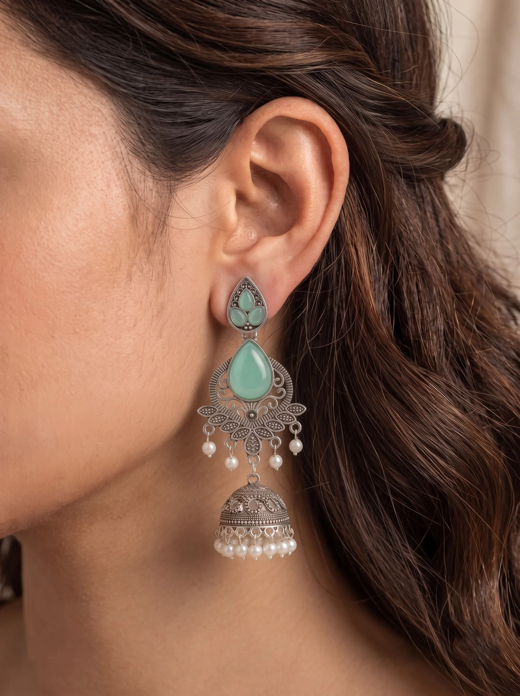Green Stone Jhumka Earrings - Image 3