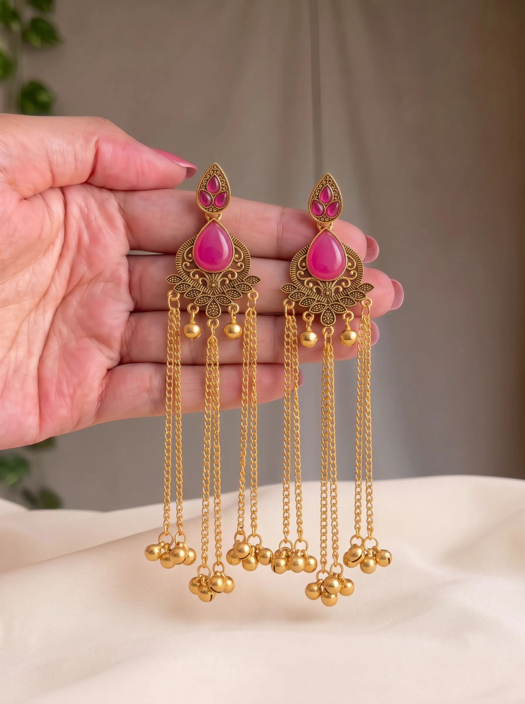 Ruby Pink Antique Gold Tassel Earrings - Image 2